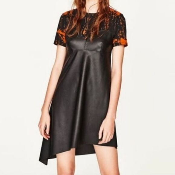 Zara Dresses & Skirts - Zara Faux Leather Asymmetrical Orange and Black Dress Sz Small